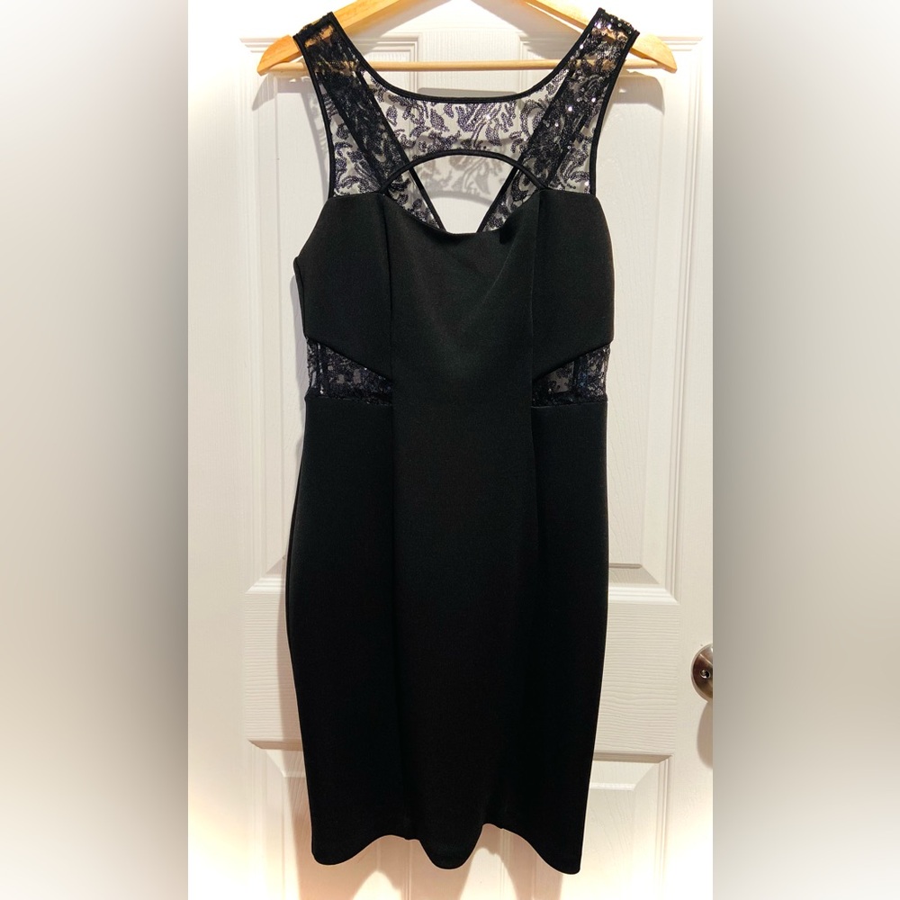 GUESS Black Sequin Lace-Trim Bodycon Dress